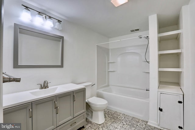 full bathroom with toilet, bathtub / shower combination, visible vents, and vanity