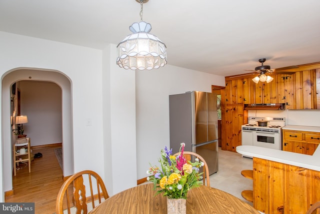 dining room with light hardwood / wood-style flooring and ceiling fan