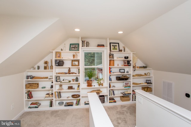 playroom with lofted ceiling and carpet flooring