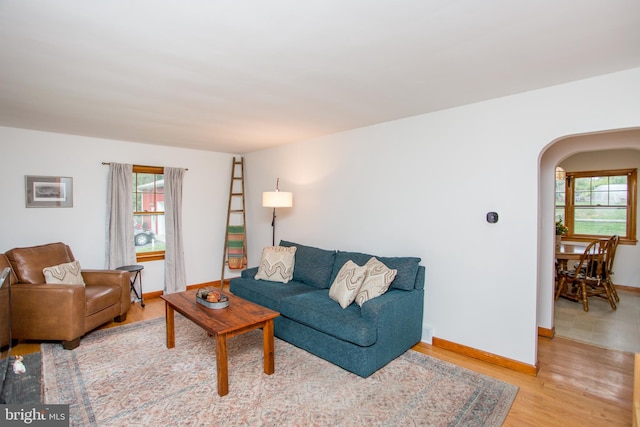 living room with a healthy amount of sunlight and light hardwood / wood-style floors