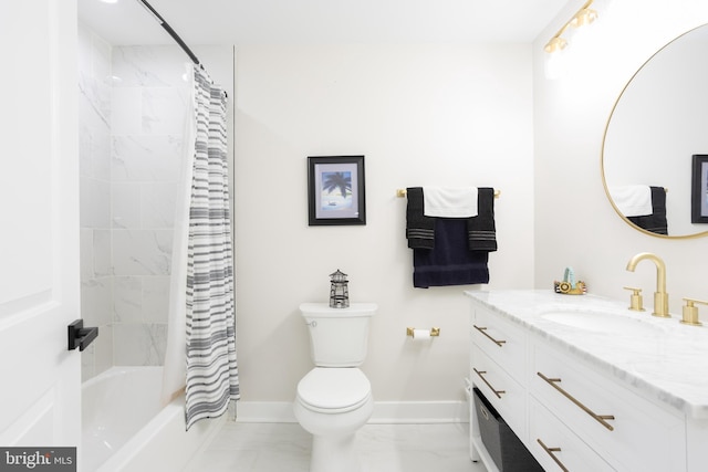 bathroom featuring shower / bath combo, baseboards, toilet, marble finish floor, and vanity