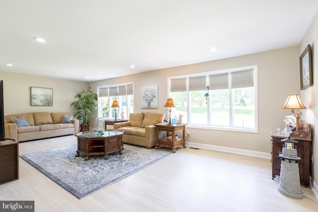 living room featuring light wood-type flooring and a healthy amount of sunlight