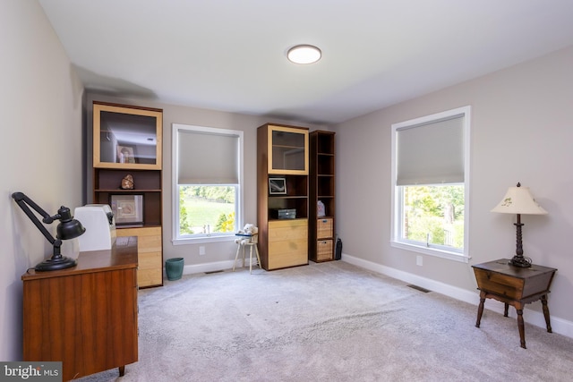 office area featuring light carpet, visible vents, and a healthy amount of sunlight