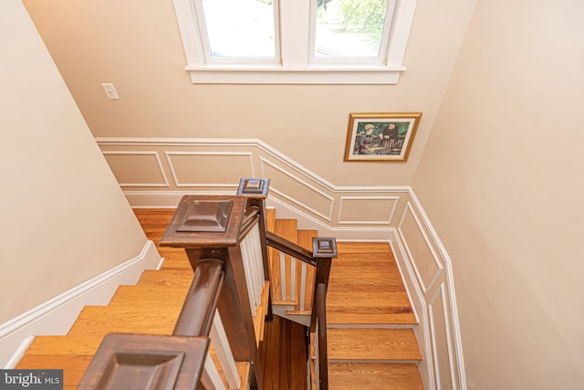 staircase with hardwood / wood-style floors