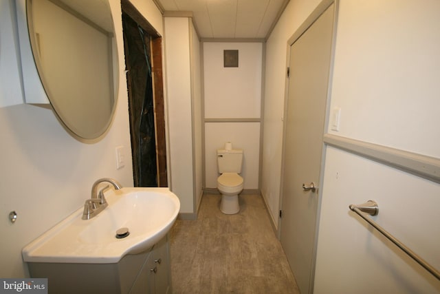 bathroom featuring vanity, toilet, and wood finished floors