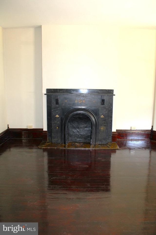 interior details with a fireplace and wood finished floors