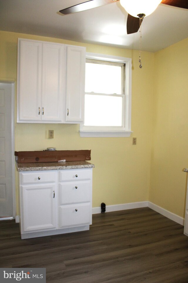 laundry area with ceiling fan and dark hardwood / wood-style floors