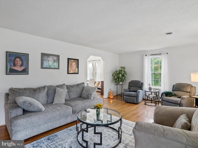 living room with hardwood / wood-style flooring and a textured ceiling