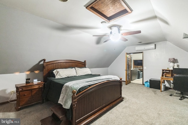 carpeted bedroom featuring an AC wall unit, vaulted ceiling, and ceiling fan