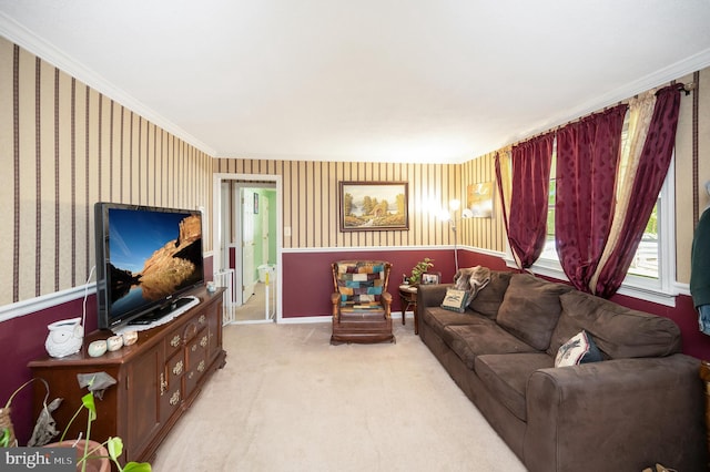 carpeted living room featuring crown molding