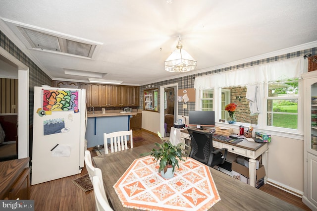 dining room with sink, dark hardwood / wood-style floors, and ornamental molding