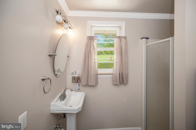 bathroom with sink, crown molding, and walk in shower