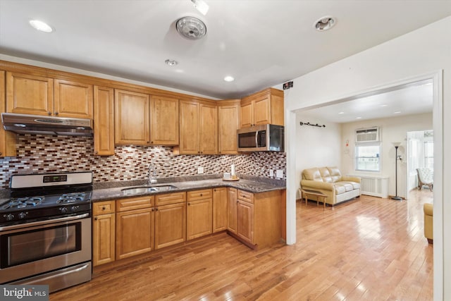 kitchen with appliances with stainless steel finishes, tasteful backsplash, radiator, sink, and light hardwood / wood-style flooring