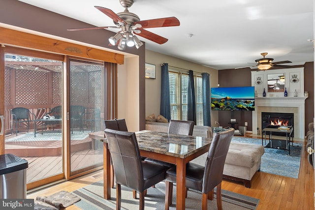 dining area featuring light wood-style floors, a ceiling fan, and a glass covered fireplace