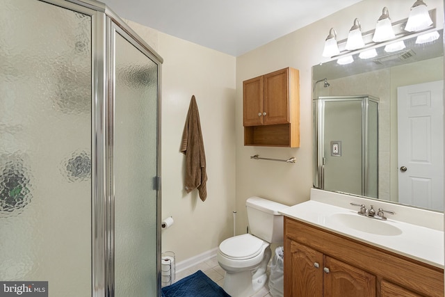 bathroom featuring tile patterned flooring, visible vents, a shower stall, and vanity