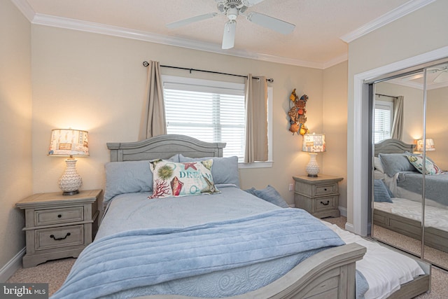 bedroom featuring light carpet, multiple windows, crown molding, and ceiling fan