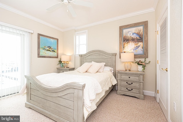 bedroom featuring ceiling fan, light colored carpet, access to outside, and crown molding