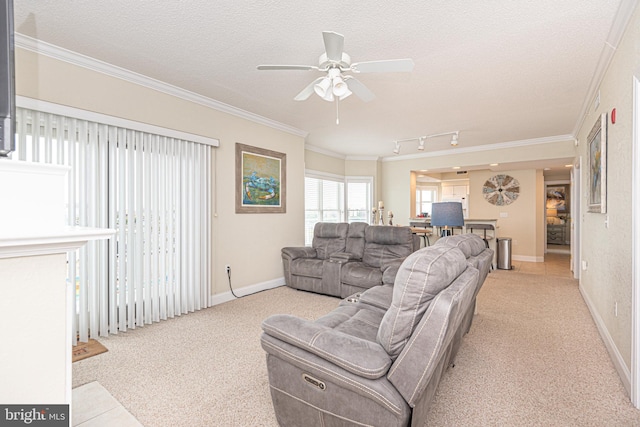 living room featuring a textured ceiling, light colored carpet, rail lighting, ceiling fan, and ornamental molding