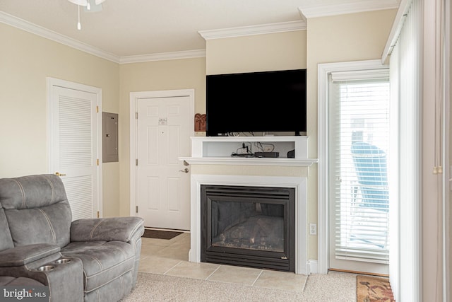 tiled living room with ornamental molding, electric panel, and ceiling fan