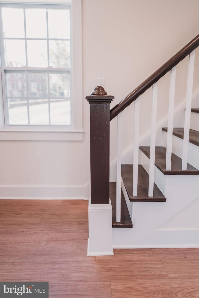 staircase with hardwood / wood-style flooring and plenty of natural light