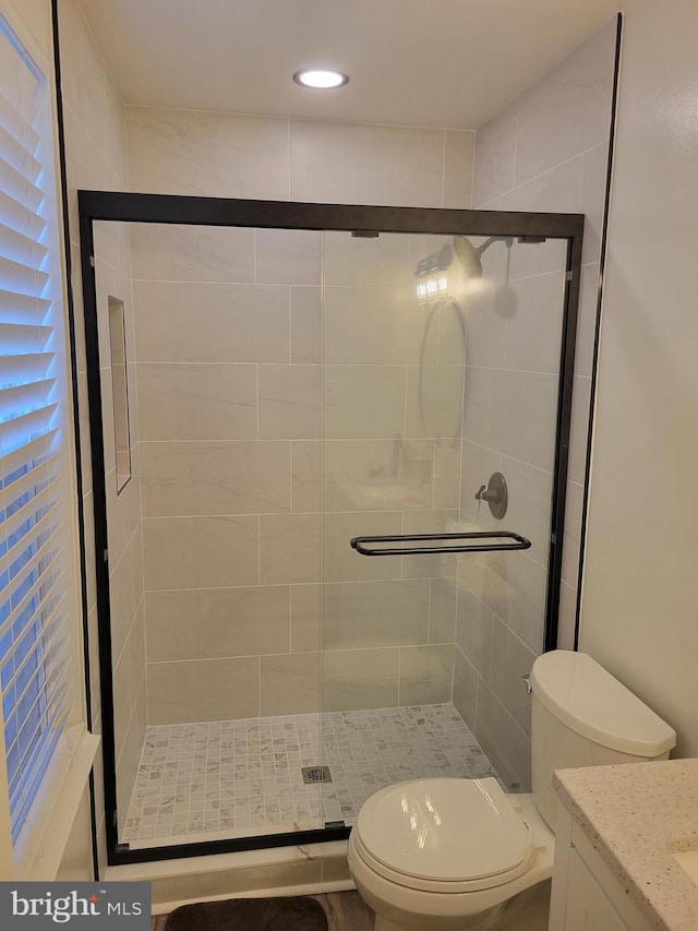 bathroom featuring a shower with door, vanity, and toilet