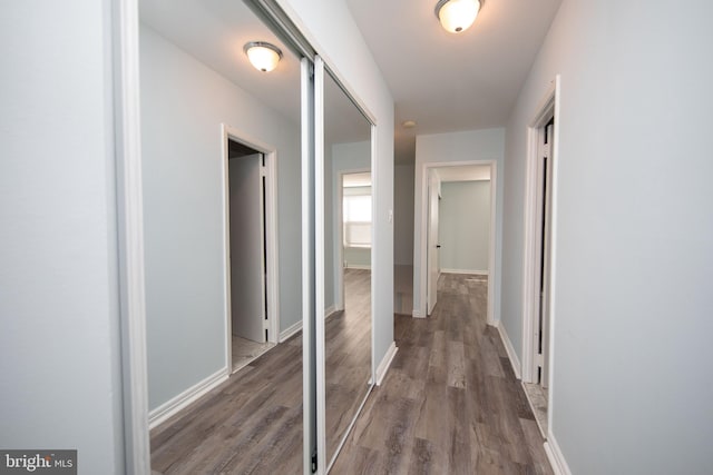 corridor with dark hardwood / wood-style floors