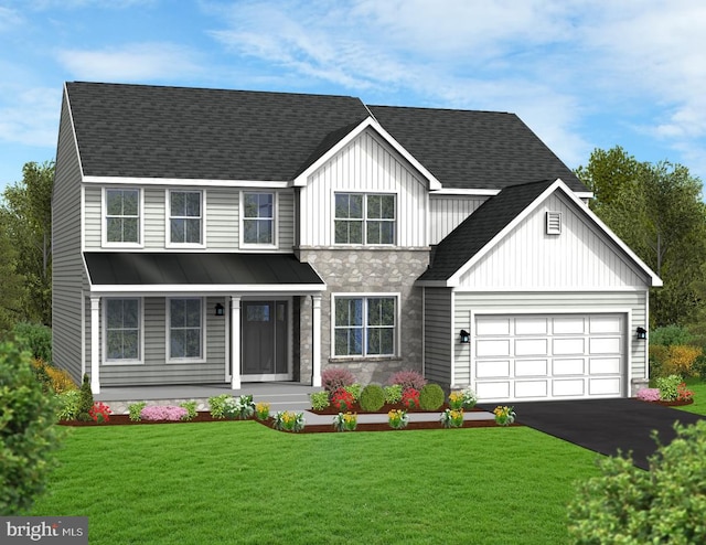 view of front facade with aphalt driveway, a garage, a front lawn, and a shingled roof