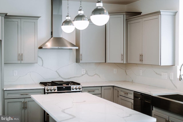 kitchen featuring gray cabinets, light stone counters, tasteful backsplash, black dishwasher, and wall chimney exhaust hood