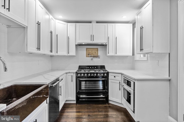 kitchen featuring white cabinets, light stone counters, dark wood-type flooring, and stainless steel appliances