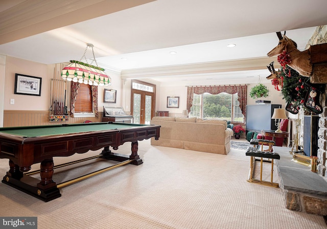 playroom with pool table, carpet, a fireplace, and ornamental molding