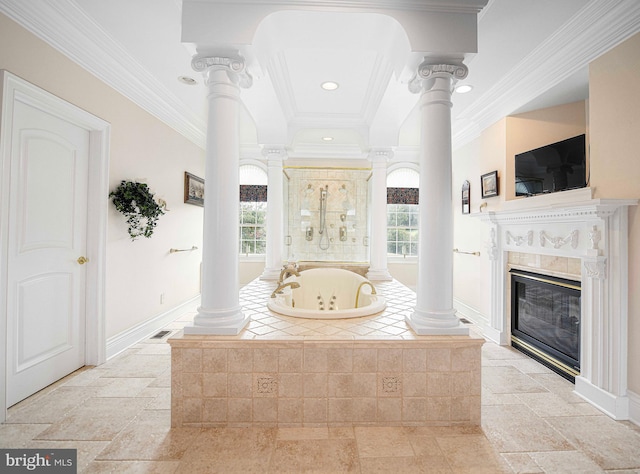 bathroom with ornamental molding, a high end fireplace, plus walk in shower, and ornate columns