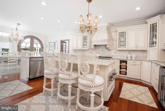 4116 Harford Creamery Rd, White Hall, MD 21161 - kitchen with crown molding, a center island, dishwasher, custom exhaust hood, and a chandelier