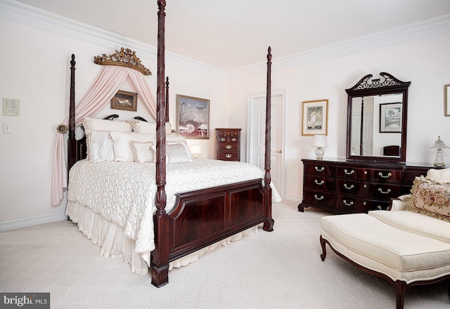 carpeted bedroom with crown molding