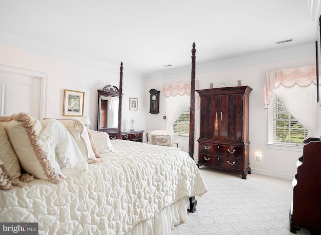 bedroom featuring light colored carpet and crown molding