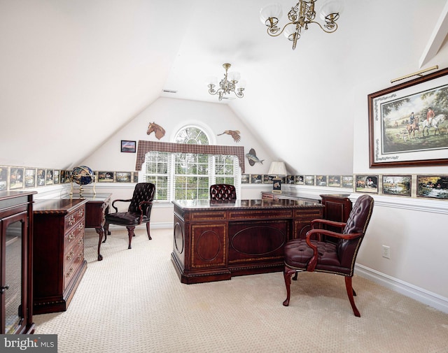 carpeted home office with vaulted ceiling and a chandelier