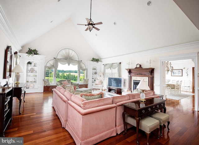 4116 Harford Creamery Rd, White Hall, MD 21161 - living area featuring a high end fireplace, a ceiling fan, wood finished floors, and high vaulted ceiling