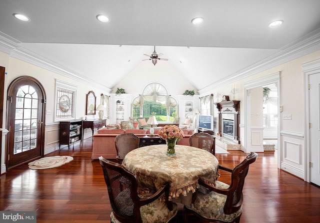 4116 Harford Creamery Rd, White Hall, MD 21161 - dining room with wood finished floors, a decorative wall, ceiling fan, a wainscoted wall, and a premium fireplace