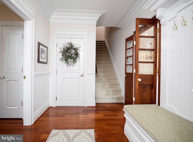 4116 Harford Creamery Rd, White Hall, MD 21161 - foyer entrance with stairway, a wainscoted wall, ornamental molding, and dark wood-type flooring