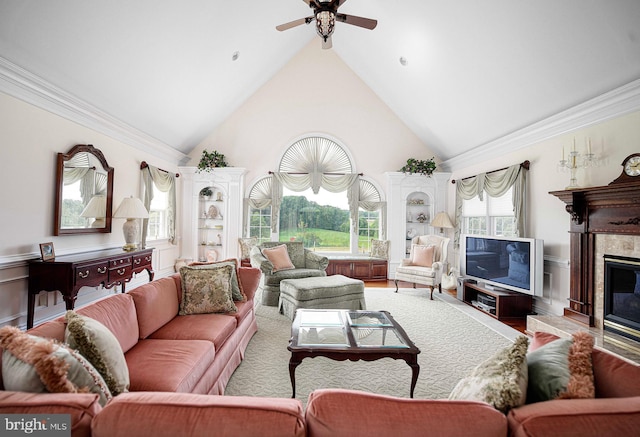 4116 Harford Creamery Rd, White Hall, MD 21161 - living area with a high end fireplace, high vaulted ceiling, crown molding, and a ceiling fan