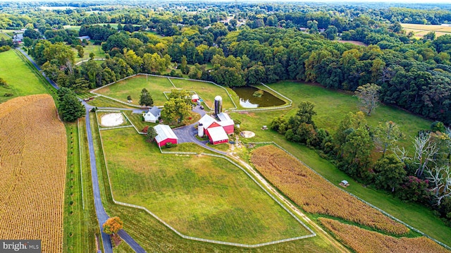 aerial view featuring a water view and a rural view