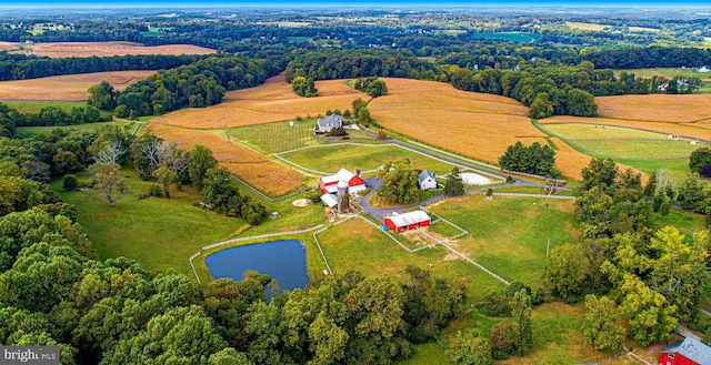 drone / aerial view with a water view and a rural view