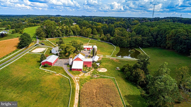 aerial view featuring a water view and a rural view