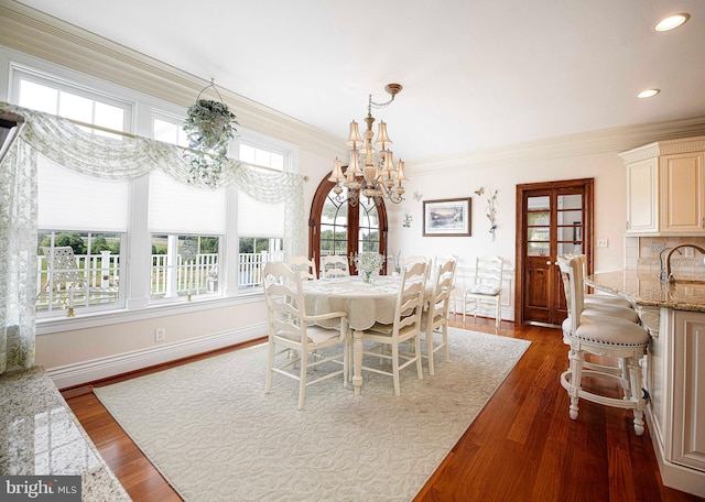 4116 Harford Creamery Rd, White Hall, MD 21161 - dining area featuring crown molding, baseboards, dark wood-style floors, a notable chandelier, and recessed lighting