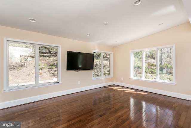 empty room featuring vaulted ceiling and dark wood-type flooring