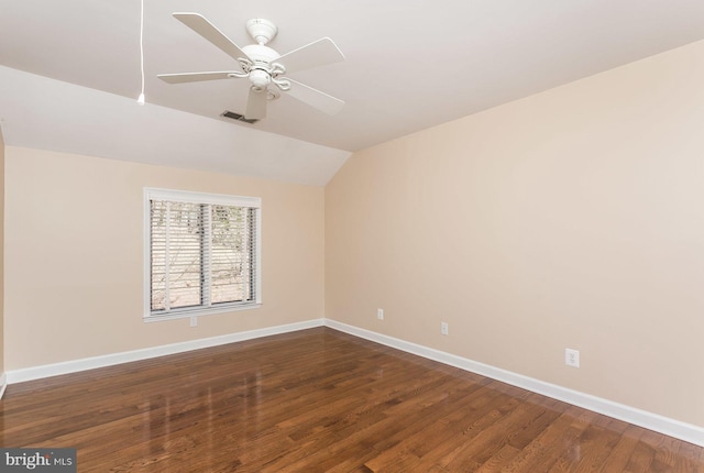 unfurnished room with vaulted ceiling, ceiling fan, and hardwood / wood-style flooring