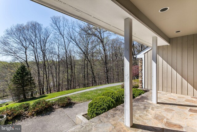 dining area featuring crown molding, a stone fireplace, and dark hardwood / wood-style floors