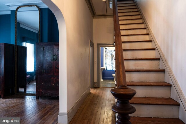 19 S Stricker St, Baltimore, MD 21223 - staircase featuring wood-type flooring, arched walkways, crown molding, and baseboards