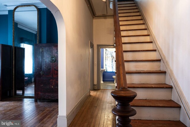 19 S Stricker St, Baltimore, MD 21223 - stairs with arched walkways, ornamental molding, and hardwood / wood-style flooring