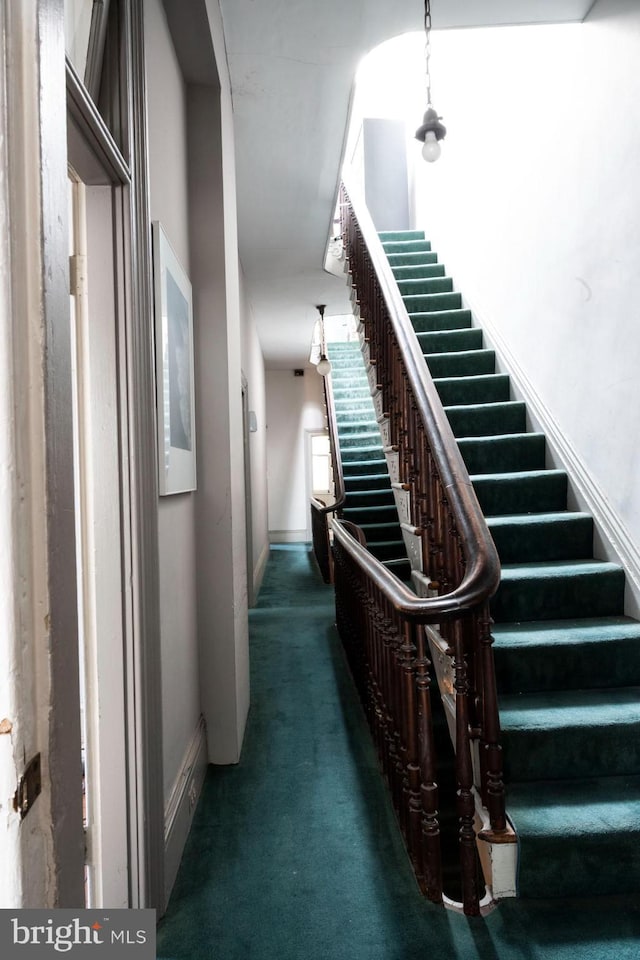 19 S Stricker St, Baltimore, MD 21223 - staircase with carpet flooring and baseboards