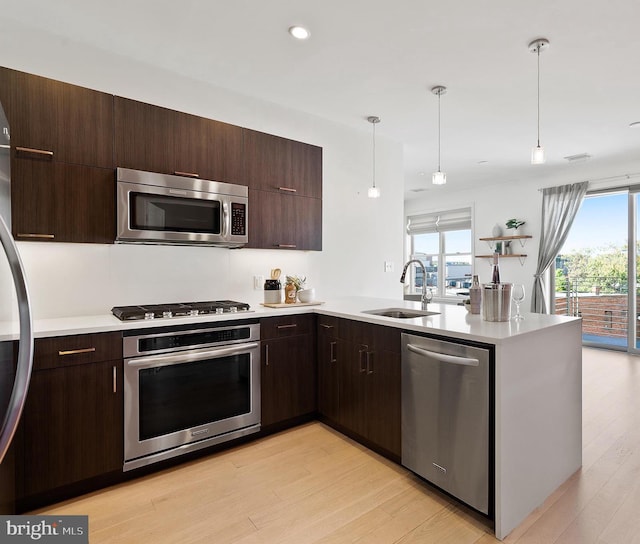 kitchen featuring light wood-type flooring, pendant lighting, stainless steel appliances, kitchen peninsula, and sink